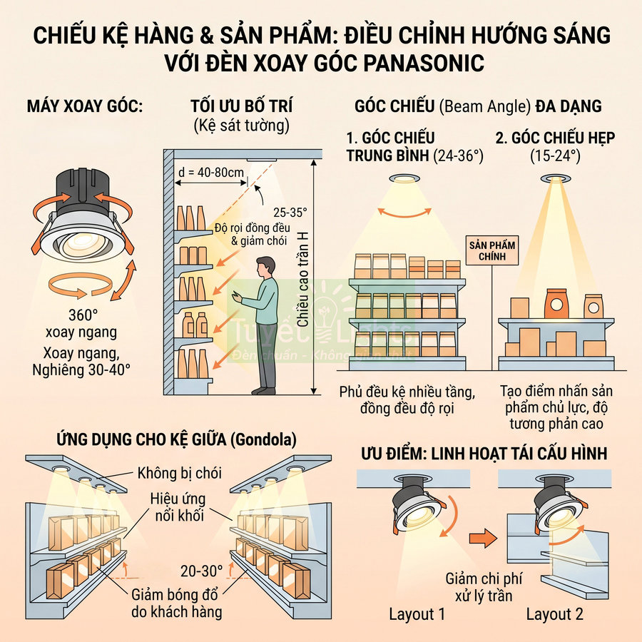 Đèn xoay góc Panasonic chiếu sáng kệ hàng siêu thị, tối ưu trưng bày sản phẩm trên nhiều tầng kệ