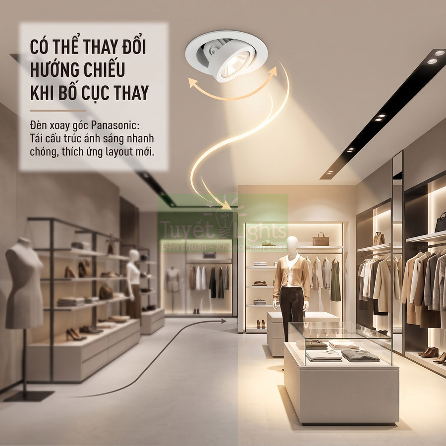 Đèn xoay góc Panasonic chiếu sáng cửa hàng thời trang hiện đại với ánh sáng tập trung linh hoạt