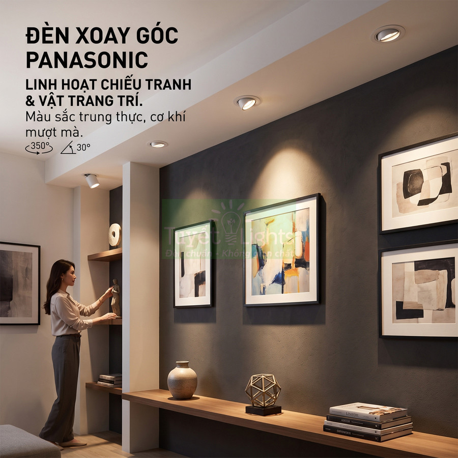 Đèn xoay góc Panasonic chiếu tranh treo tường trong phòng khách hiện đại, ánh sáng tập trung làm nổi bật vật trang trí