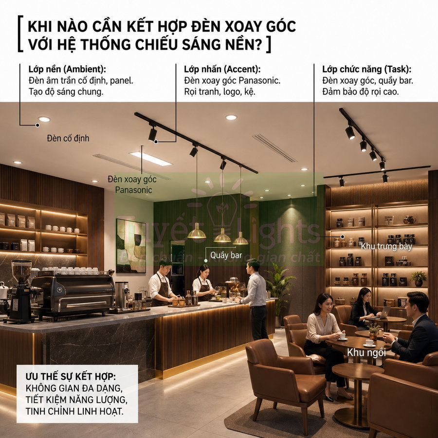 Quán cà phê hiện đại sử dụng đèn xoay góc Panasonic chiếu sáng quầy bar và khu trưng bày sản phẩm