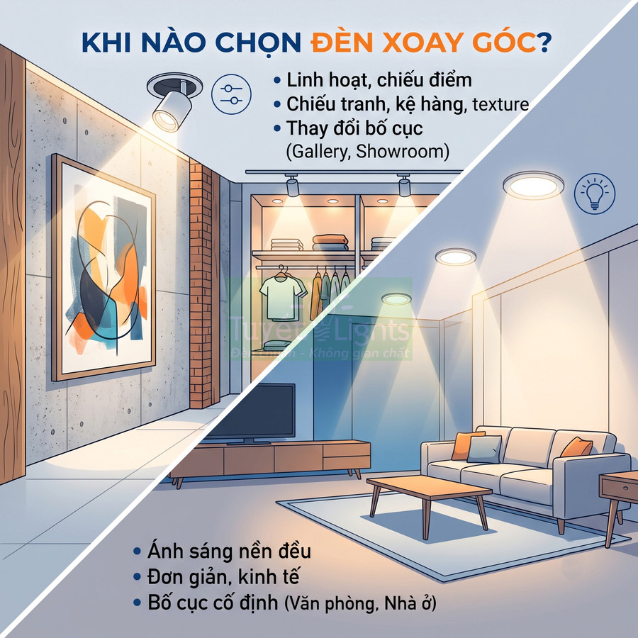 So sánh đèn xoay góc chiếu điểm và đèn âm trần chiếu sáng nền cho phòng khách, tủ quần áo, tranh treo tường