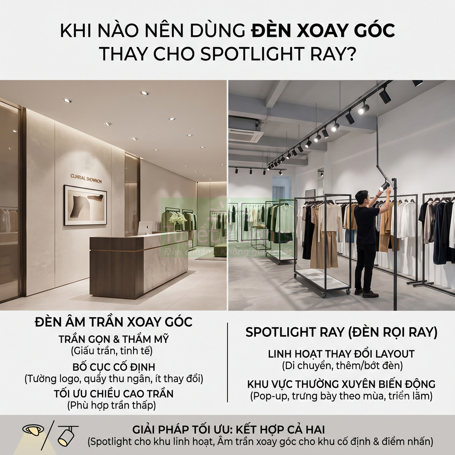 So sánh đèn âm trần xoay góc và đèn rọi ray trong thiết kế chiếu sáng showroom thời trang
