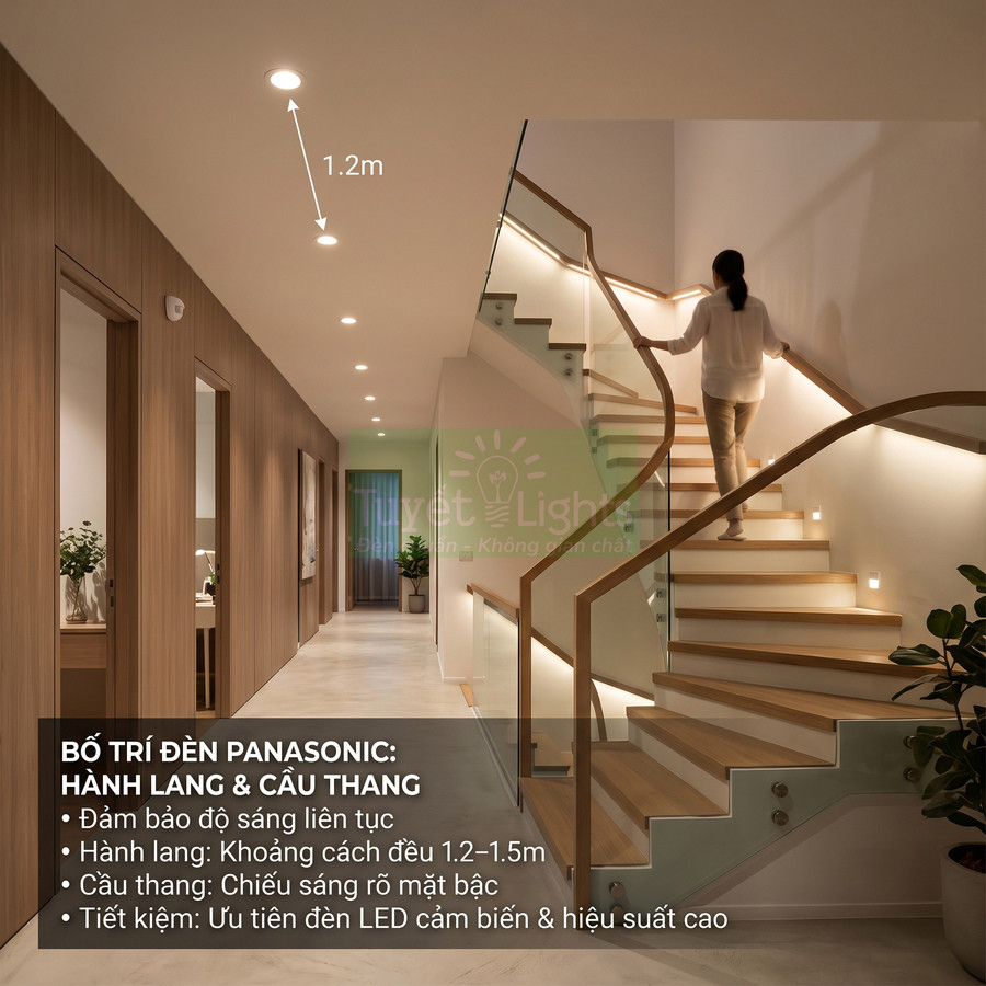 Đèn LED âm trần Panasonic chiếu sáng hành lang và cầu thang hiện đại trong nhà