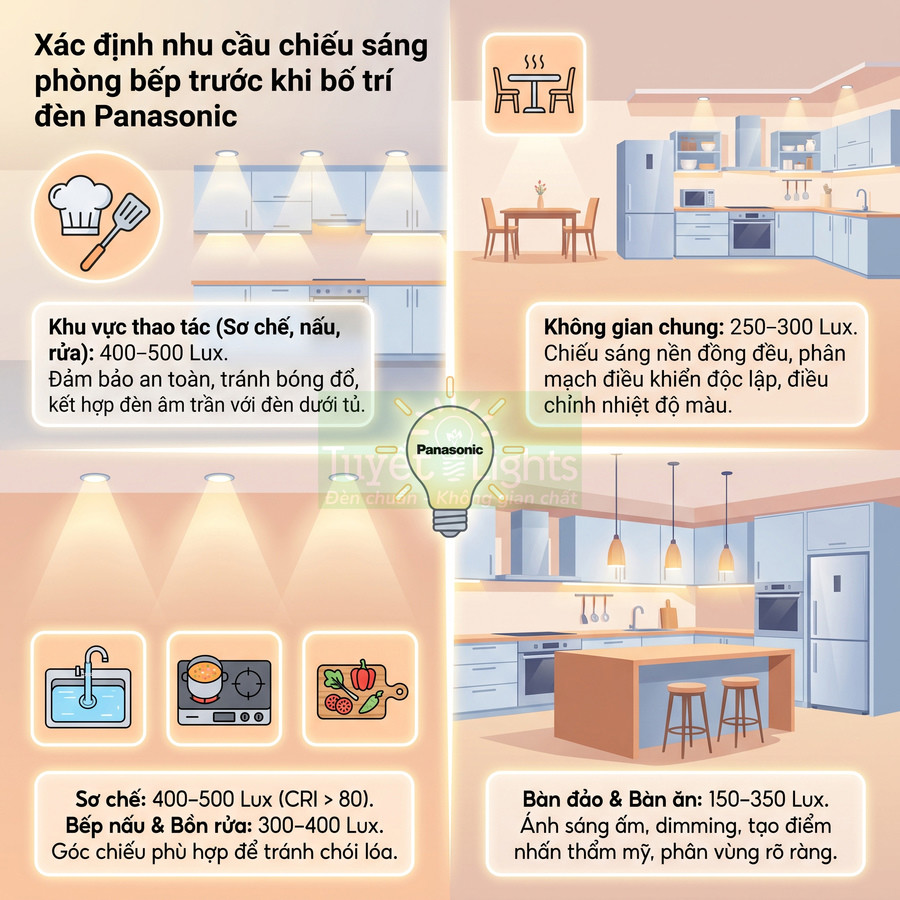Hướng dẫn bố trí đèn Panasonic cho phòng bếp với các mức độ chiếu sáng phù hợp từng khu vực