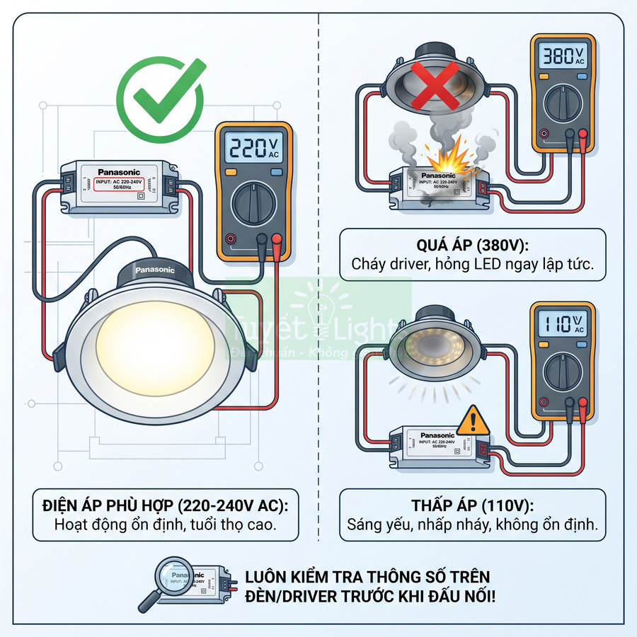 Hướng dẫn đấu nối đèn LED âm trần Panasonic với driver đúng điện áp để tránh cháy nổ và chập chờn