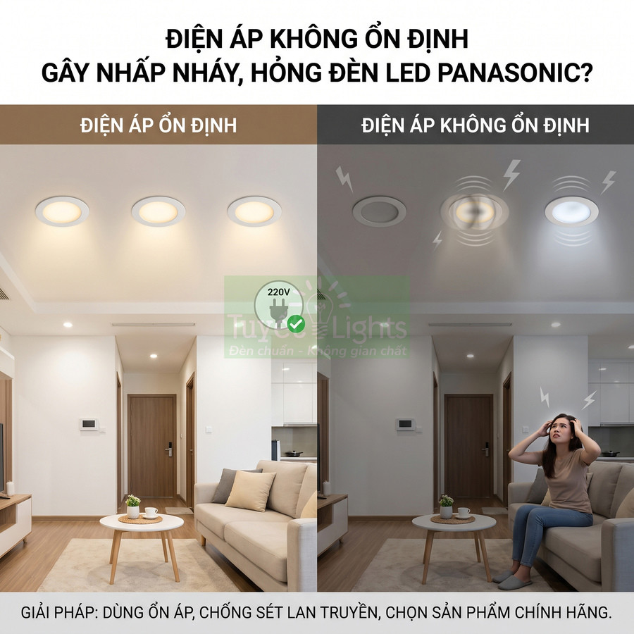 So sánh đèn LED Panasonic hoạt động ổn định và nhấp nháy do điện áp không ổn định trong phòng khách hiện đại