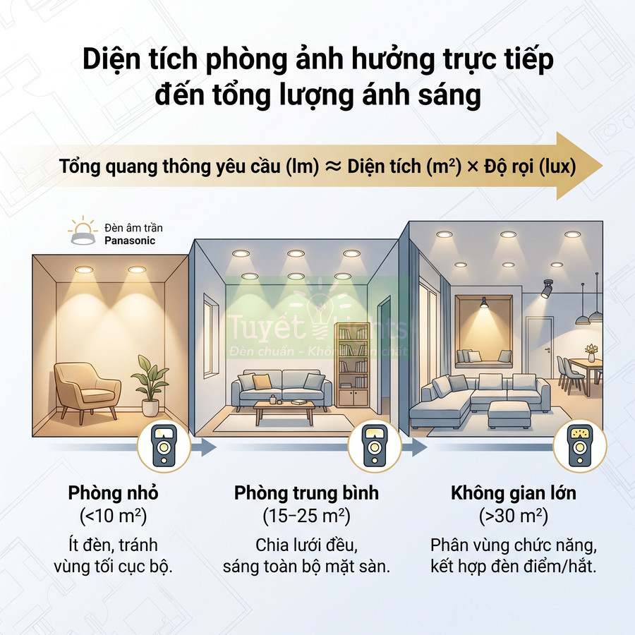 Đèn âm trần Panasonic chiếu sáng phòng nhỏ, phòng trung bình và không gian lớn với bố trí đèn khác nhau