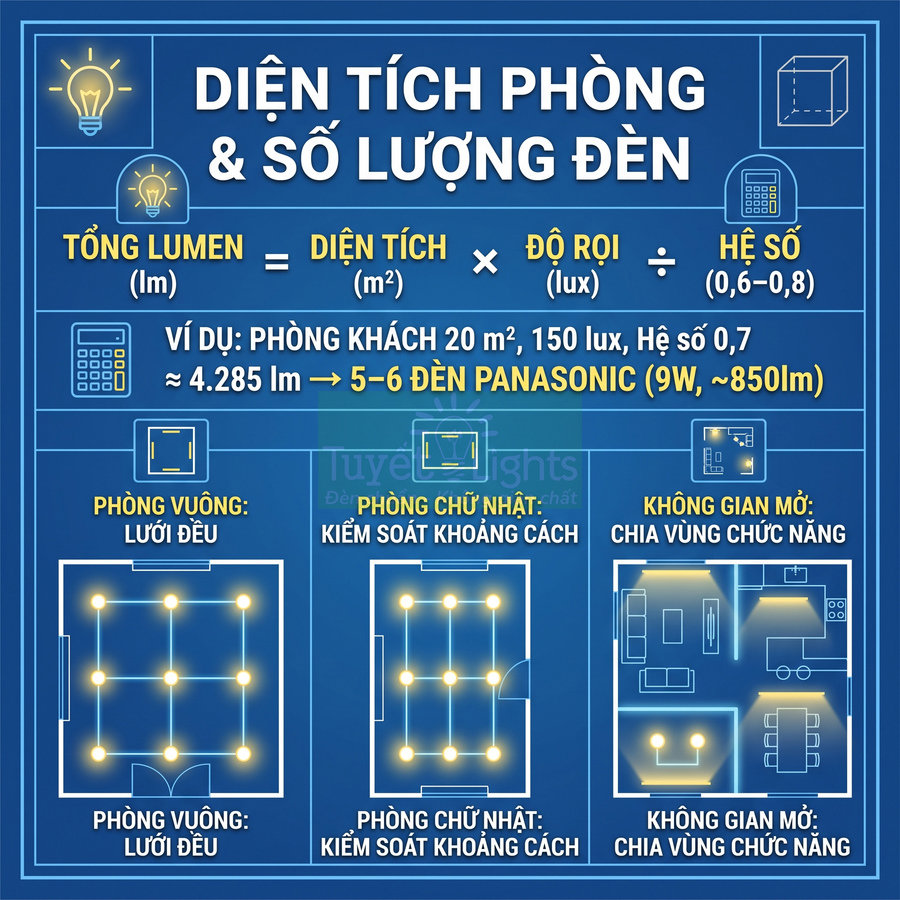 Hướng dẫn tính số lượng đèn Panasonic 9W theo diện tích phòng và cách bố trí đèn cho từng kiểu phòng
