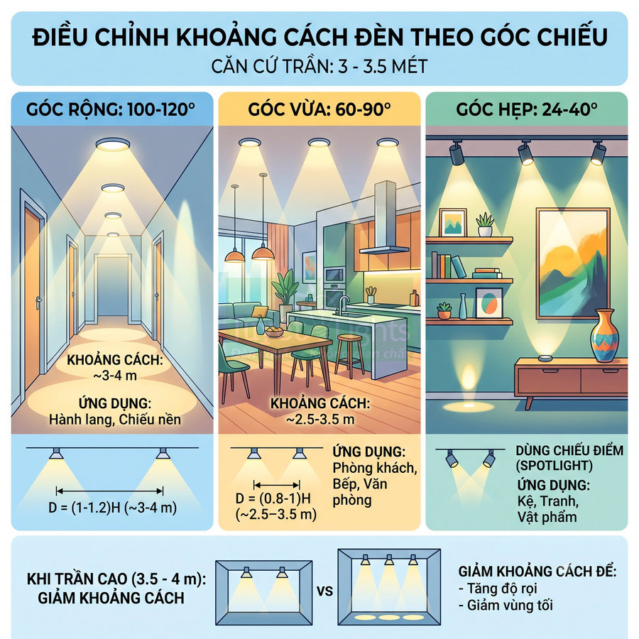 Hướng dẫn bố trí đèn trần theo góc chiếu rộng vừa hẹp cho hành lang phòng khách bếp và kệ trang trí
