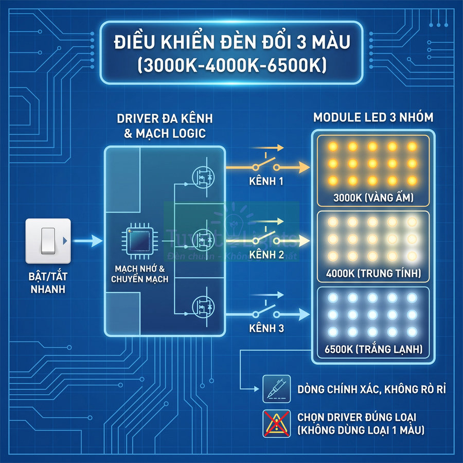 Sơ đồ driver điều khiển đèn LED đổi 3 màu 3000K 4000K 6500K với công tắc bật tắt nhanh