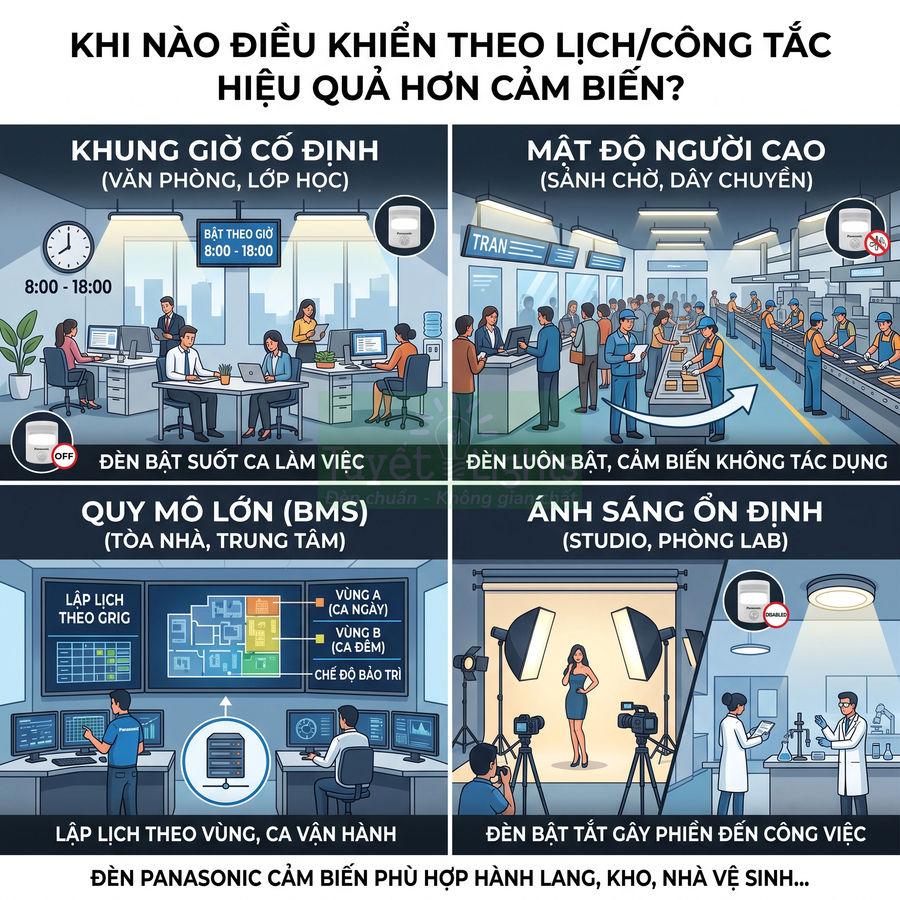 Infographic so sánh điều khiển đèn theo lịch và cảm biến, giới thiệu đèn cảm biến Panasonic cho nhiều không gian