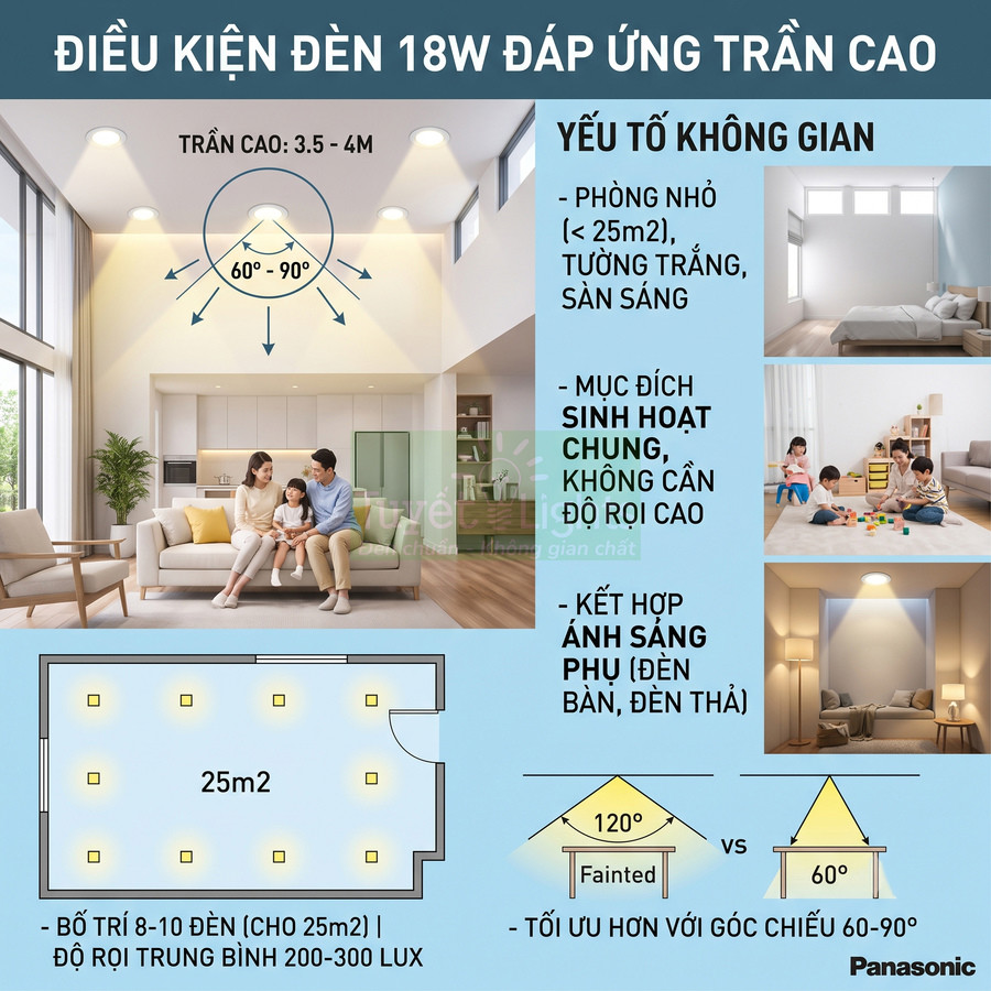 Đèn LED âm trần Panasonic 18W chiếu sáng phòng khách trần cao với gia đình sinh hoạt tiện nghi