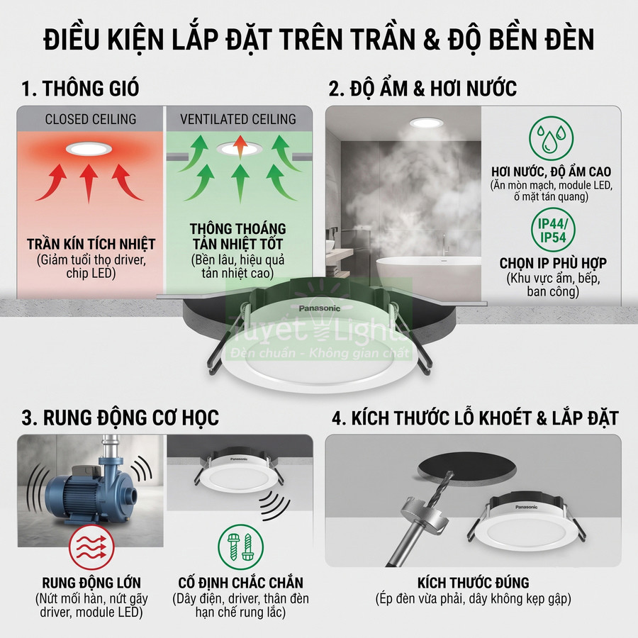 Hướng dẫn lắp đặt đèn LED âm trần Panasonic với yêu cầu thông gió, chống ẩm, chống rung và kích thước lỗ khoét phù hợp