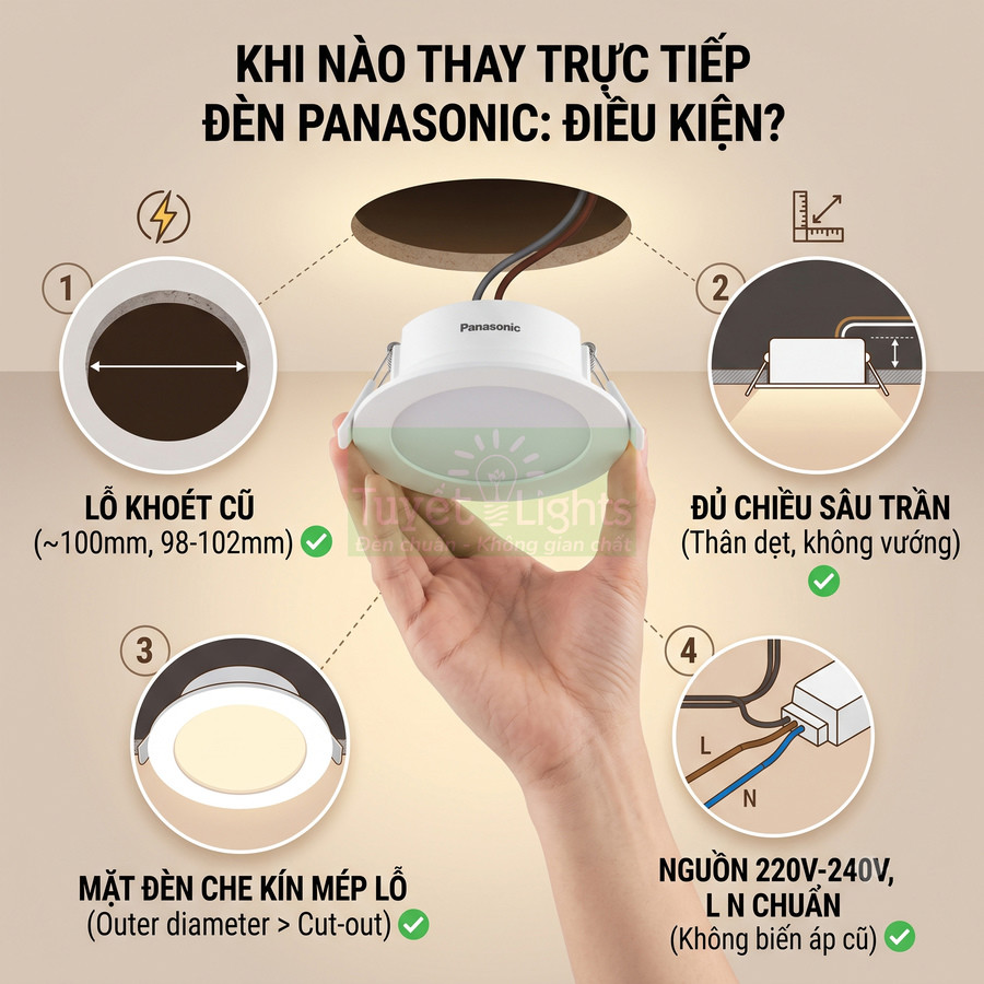 Đèn led âm trần Panasonic màu trắng được cầm trên tay, minh họa các điều kiện lắp đặt trên trần nhà