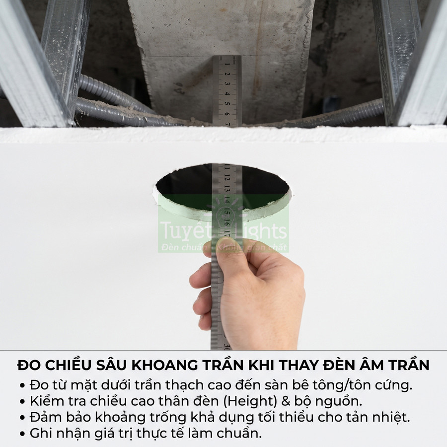 Đo chiều sâu khoang trần thạch cao bằng thước thép để lắp đặt đèn âm trần