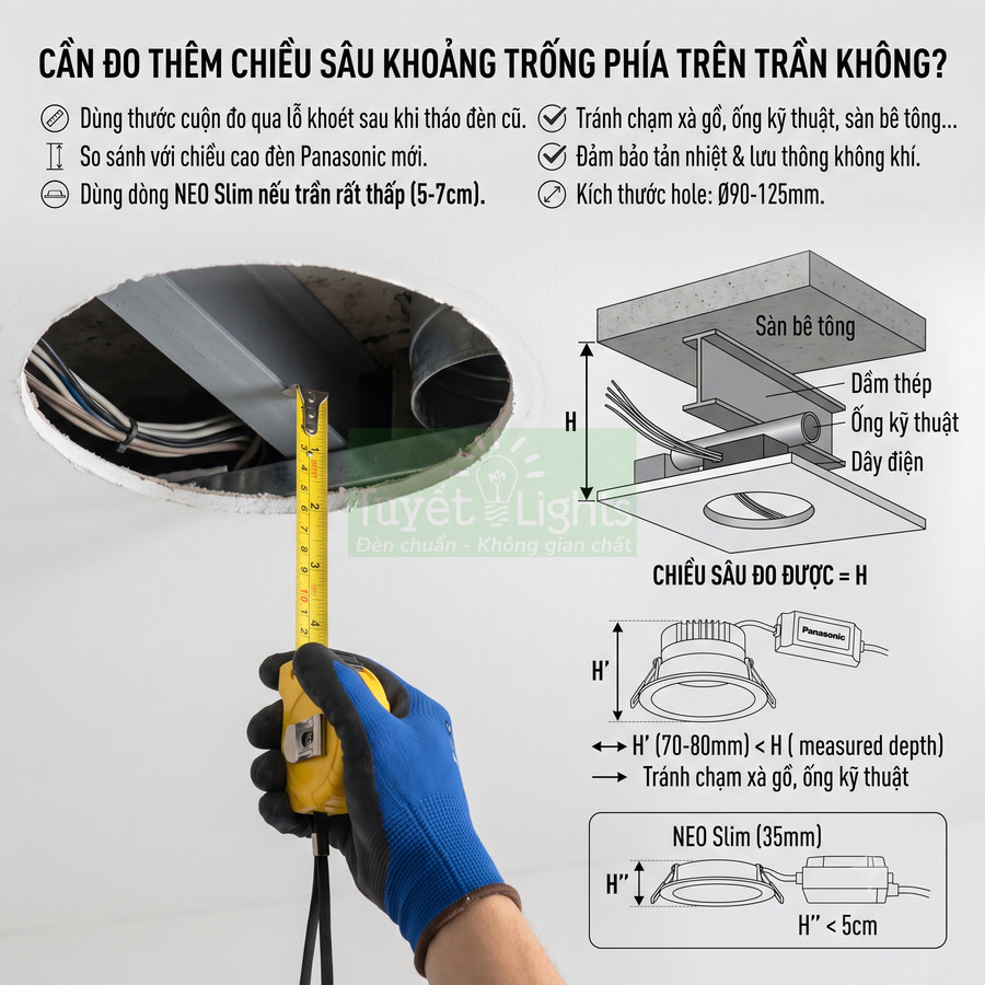 Hướng dẫn đo chiều sâu trần thạch cao để lắp đèn âm trần Panasonic và NEO Slim