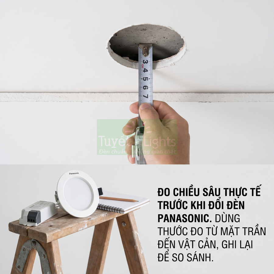 Đo chiều sâu lỗ trần trước khi lắp đèn âm trần Panasonic đặt trên thang gỗ