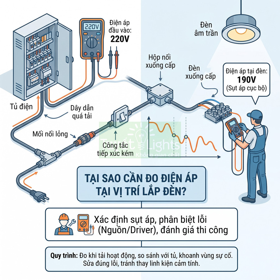 Kỹ thuật viên dùng đồng hồ đo điện áp kiểm tra đèn âm trần và hệ thống dây dẫn từ tủ điện