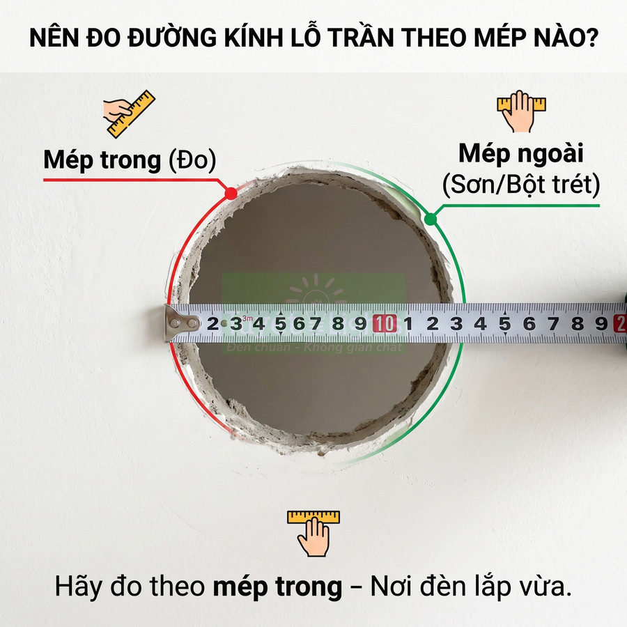 Thước dây đo đường kính lỗ trần thạch cao theo mép trong để lắp đèn âm trần
