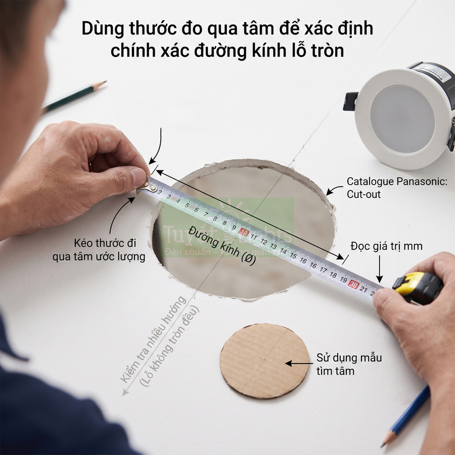Đo đường kính lỗ tròn trên trần thạch cao bằng thước cuộn để lắp đèn âm trần Panasonic