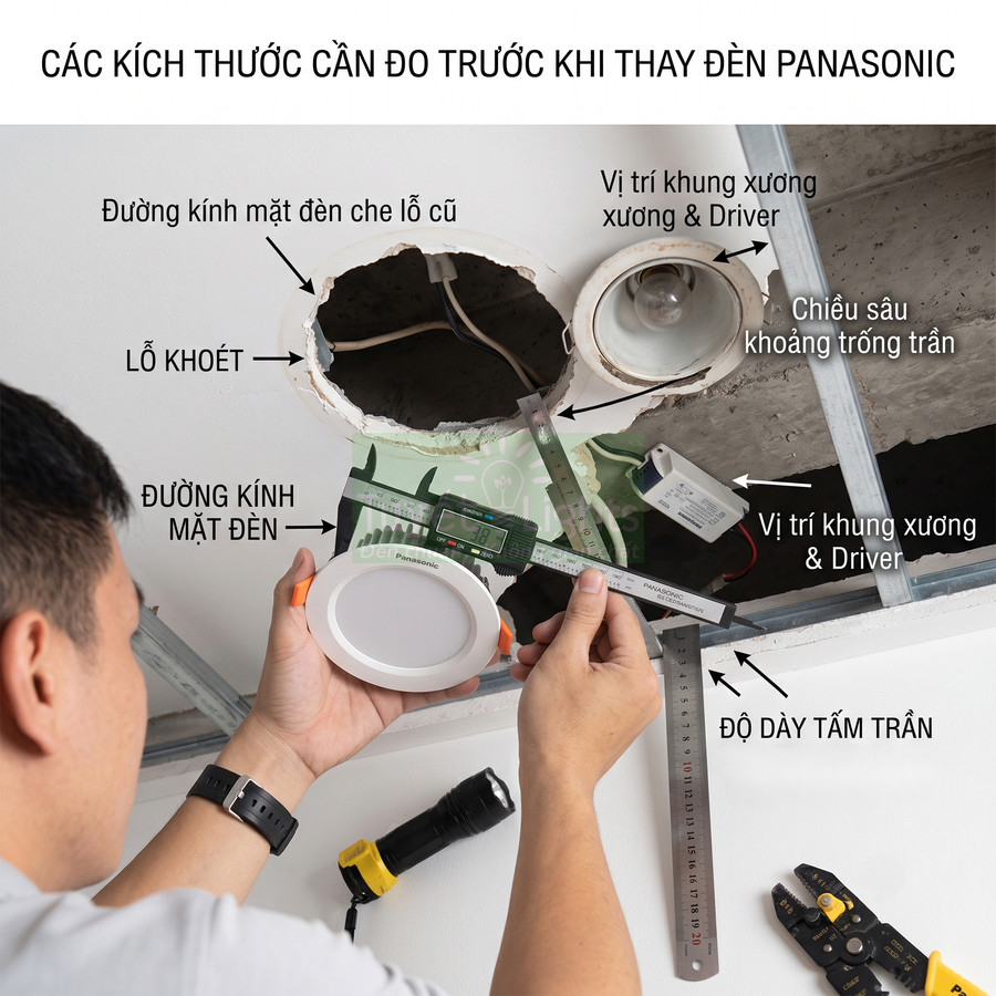 Người thợ đo kích thước trần để lắp đèn âm trần Panasonic tròn trắng