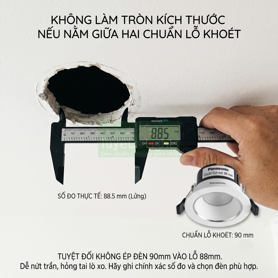 Đo lỗ khoét trần 88.5mm bằng thước kẹp để lắp đèn âm trần Panasonic chuẩn lỗ khoét 90mm