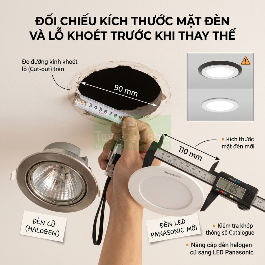 Đo kích thước lỗ trần và so sánh đèn halogen cũ với đèn LED âm trần Panasonic mới