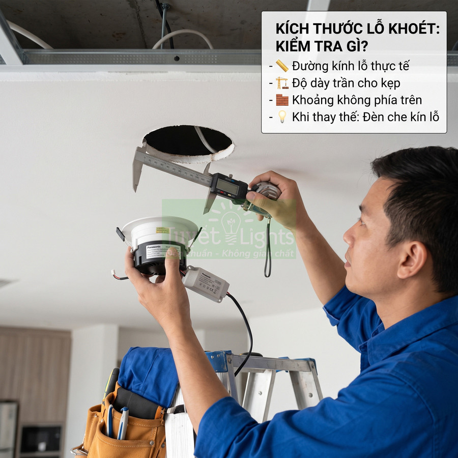 Thợ điện đo lỗ khoét trần để lắp đèn âm trần Panasonic trong phòng khách