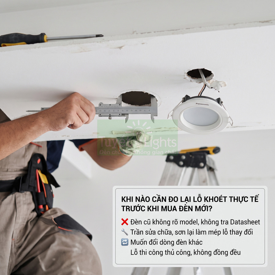 Thợ điện đo lỗ khoét trần để lắp đèn âm trần Panasonic mới