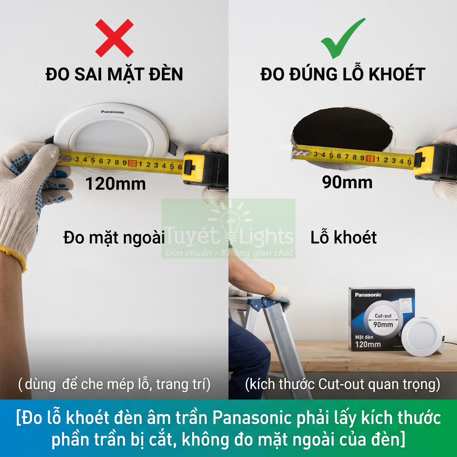 Hướng dẫn đo đúng lỗ khoét đèn âm trần Panasonic bằng thước dây so với đo sai theo mặt ngoài đèn