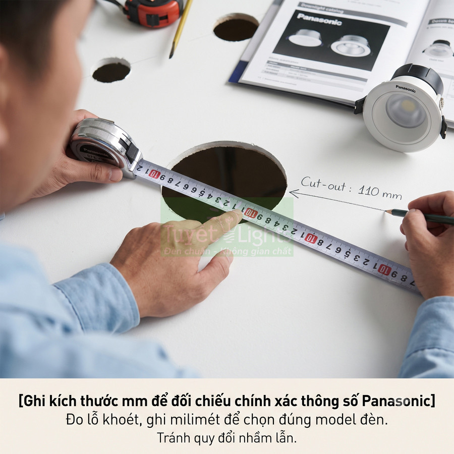 Đo lỗ khoét trần bằng thước dây để lắp đèn âm trần Panasonic đúng kích thước