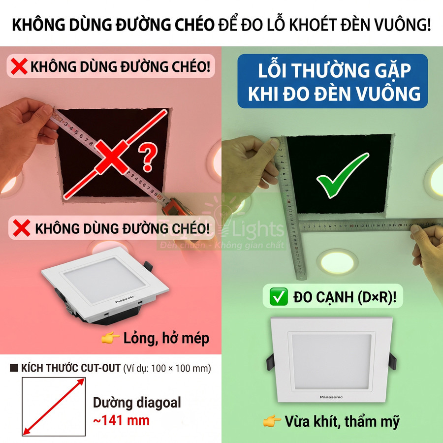 Hướng dẫn đo lỗ khoét đèn vuông Panasonic đúng cách bằng thước đo cạnh để lắp vừa khít, không hở mép
