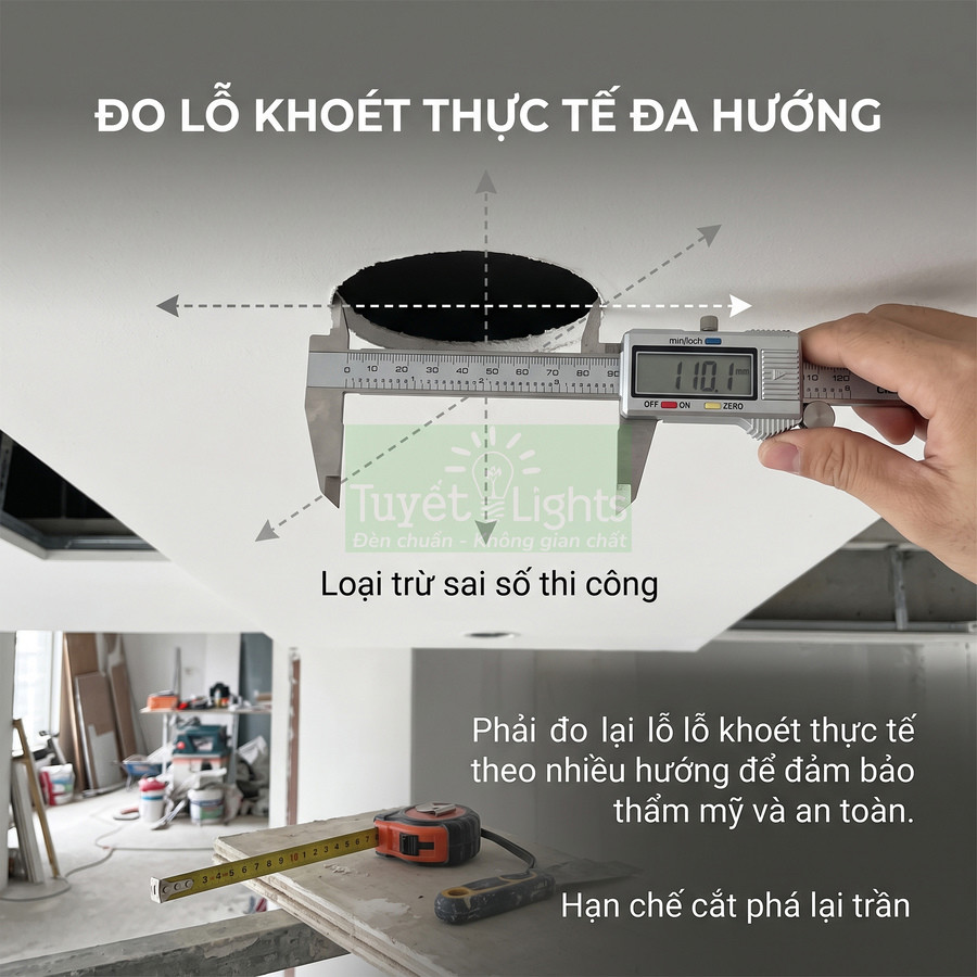 Thợ dùng thước kẹp điện tử đo đường kính lỗ khoét trần thạch cao để lắp đèn âm trần