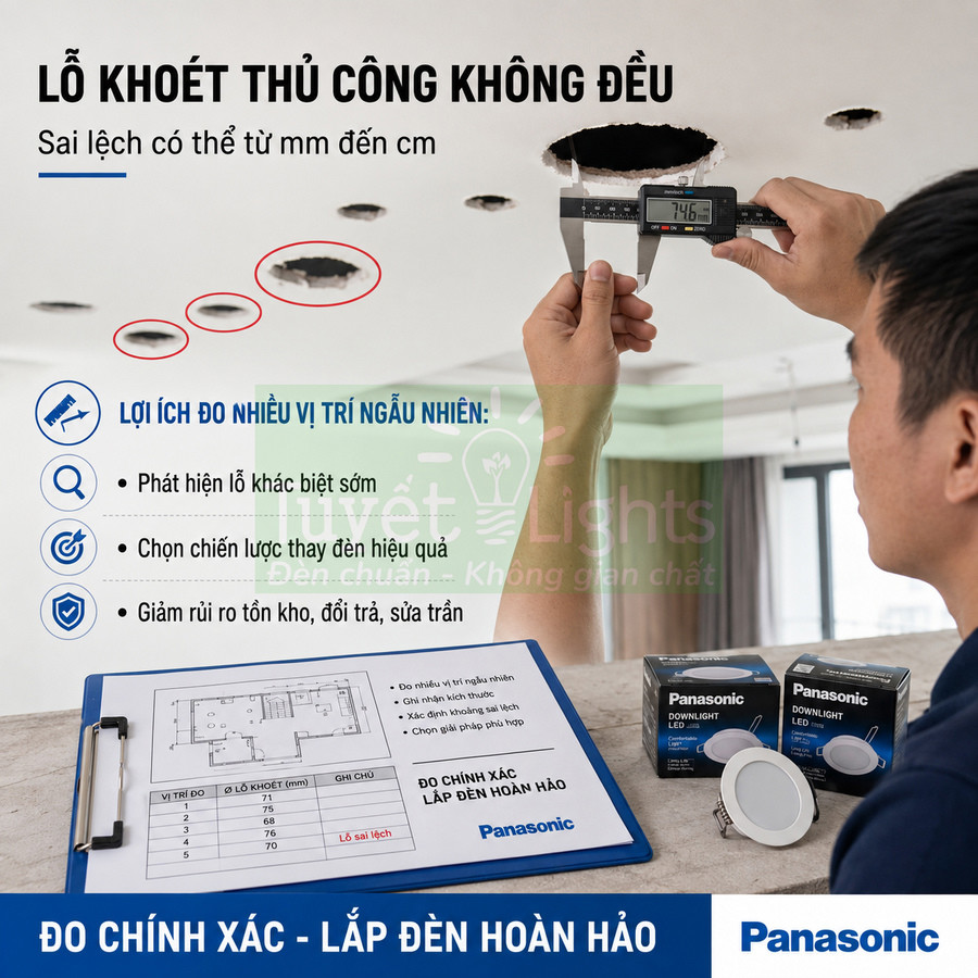 Đo lỗ khoét trần để lắp đèn downlight LED Panasonic chính xác, đảm bảo lắp đặt hoàn hảo