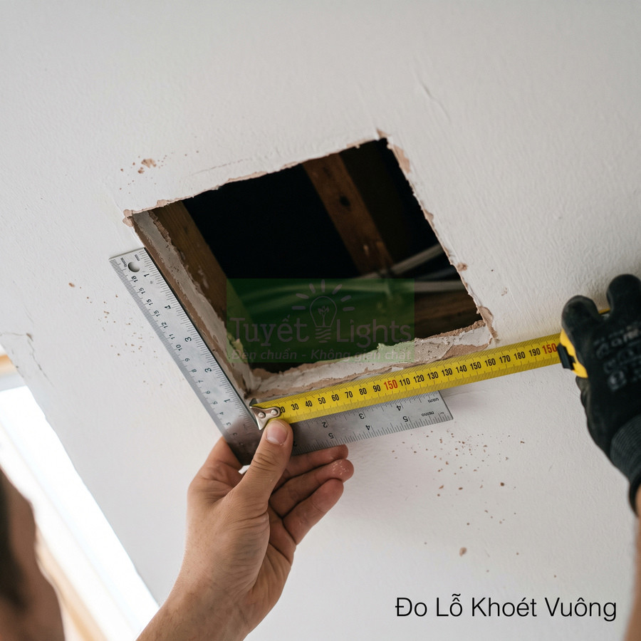 Thợ dùng thước dây và thước vuông đo lỗ khoét vuông trên trần thạch cao để lắp đèn âm trần