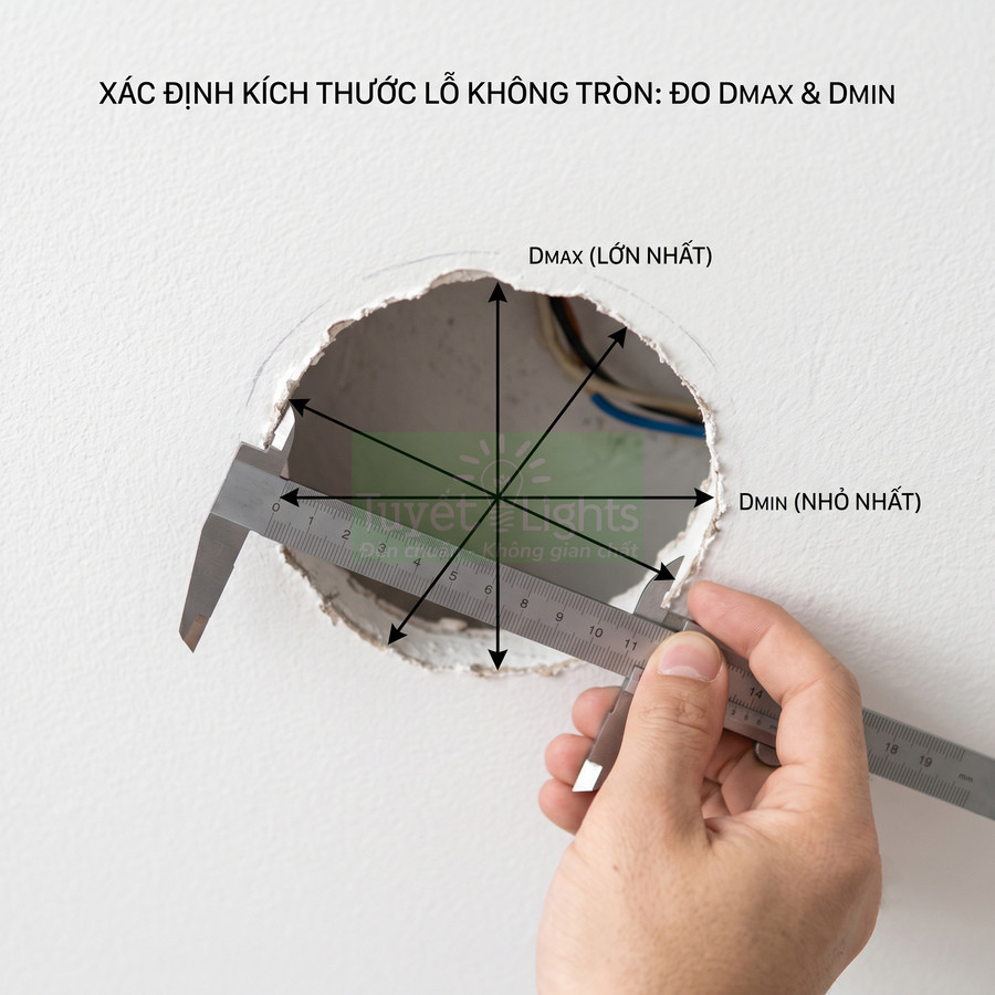 Thợ dùng thước kẹp đo đường kính lớn nhất và nhỏ nhất của lỗ khoét trần không tròn