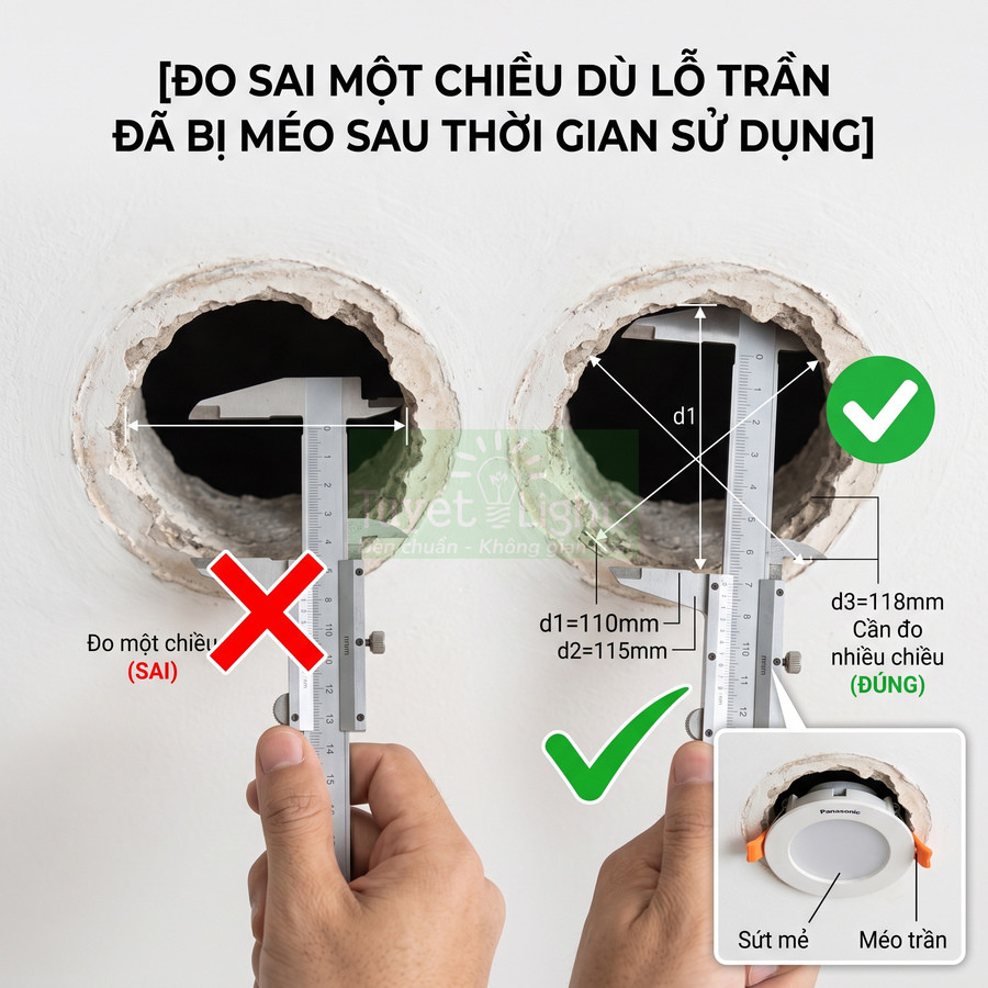 Hướng dẫn đo nhiều chiều lỗ trần bị méo để lắp đèn âm trần Panasonic chính xác