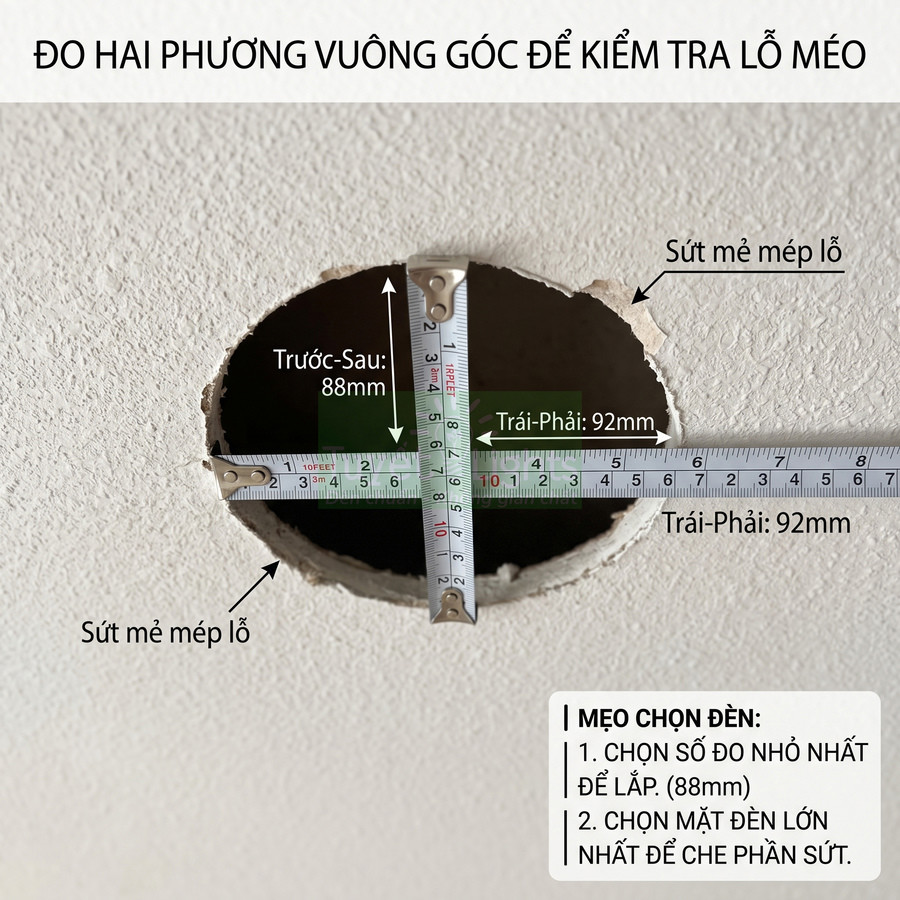 Đo kích thước lỗ trần thạch cao bằng thước dây để lắp đèn âm trần, ghi rõ số đo hai phương vuông góc