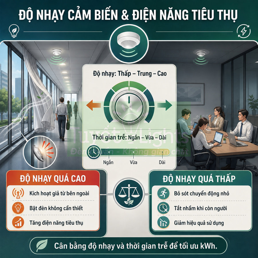 Cảm biến chuyển động trần nhà điều chỉnh độ nhạy và thời gian trễ để tiết kiệm điện cho văn phòng và hành lang