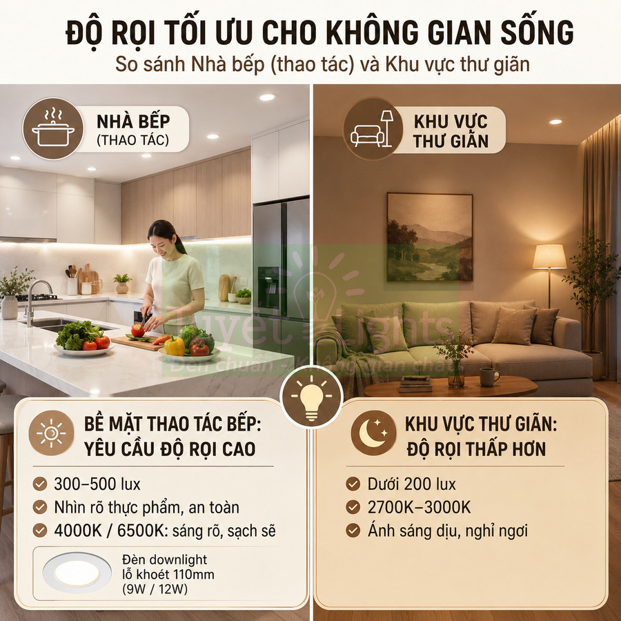 So sánh độ sáng đèn downlight cho nhà bếp thao tác và phòng khách thư giãn trong căn hộ hiện đại
