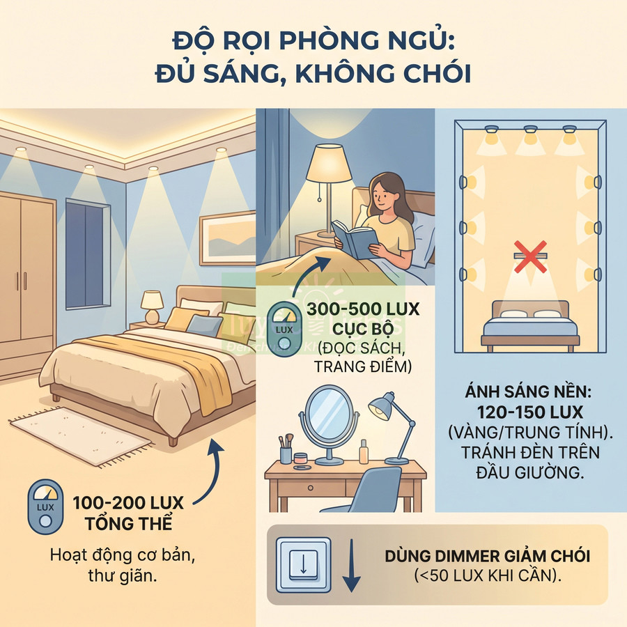 Hướng dẫn bố trí đèn phòng ngủ với mức độ rọi lux phù hợp cho thư giãn, đọc sách và trang điểm