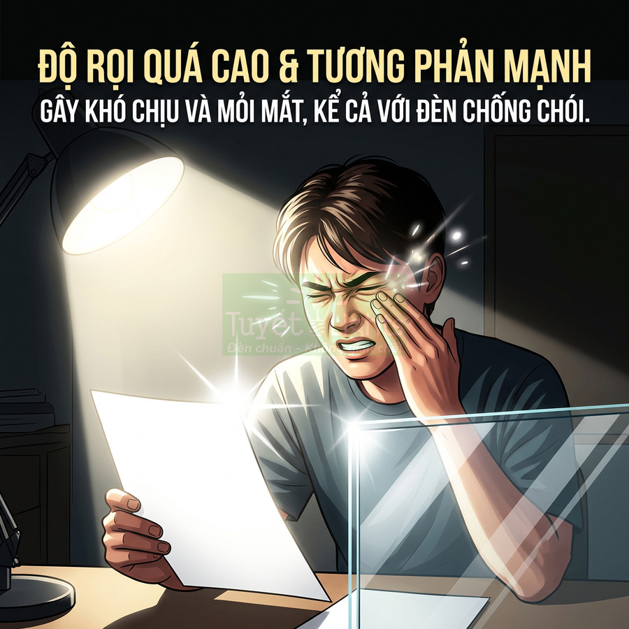 Đèn bàn chiếu sáng quá mạnh gây chói mắt và khó chịu cho người đàn ông đang đọc tài liệu