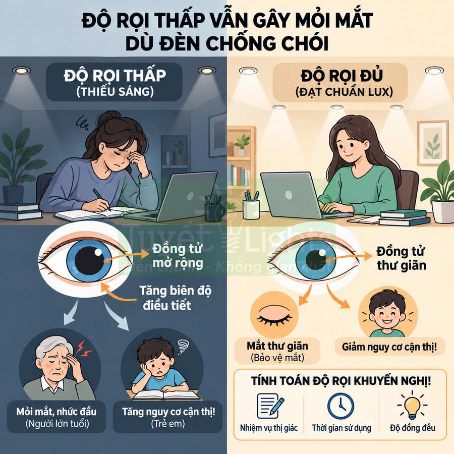 So sánh tác động độ rọi thấp và độ rọi đủ khi dùng đèn bàn học, minh họa mỏi mắt và nguy cơ cận thị ở trẻ em