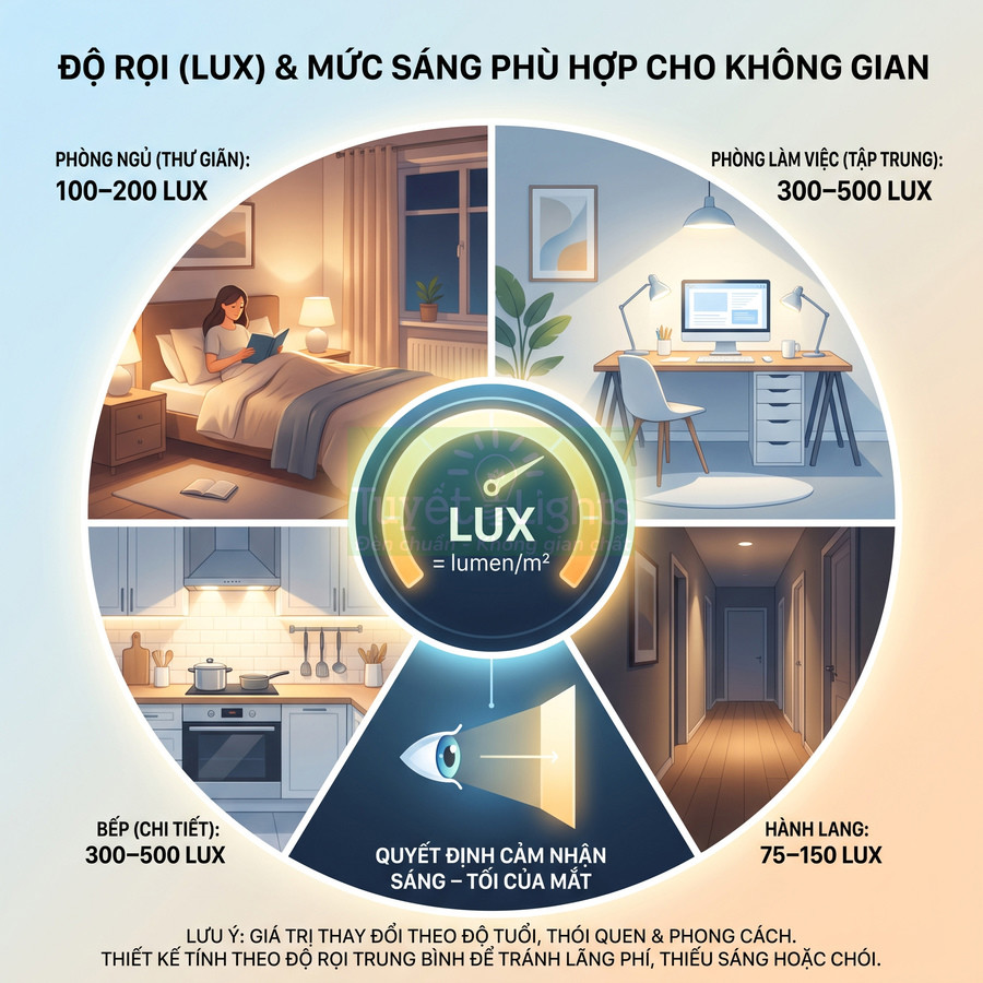 Bảng hướng dẫn độ rọi lux cho phòng ngủ, phòng làm việc, bếp và hành lang trong nhà