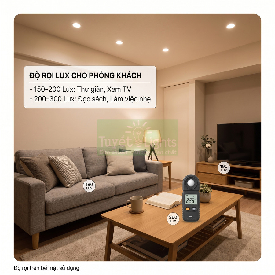 Đồng hồ đo độ rọi lux trong phòng khách với hệ thống đèn trần chiếu sáng khu vực sofa và bàn trà