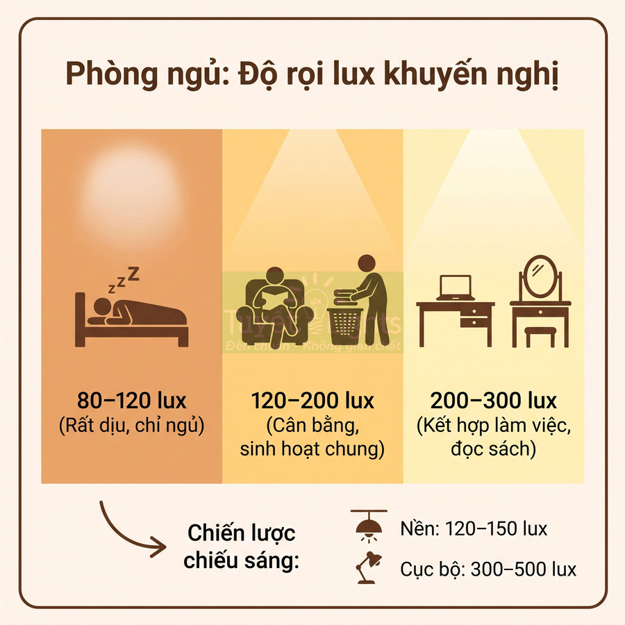 Bảng hướng dẫn độ rọi lux khuyến nghị cho phòng ngủ với các mức sáng cho ngủ nghỉ, sinh hoạt và làm việc đọc sách