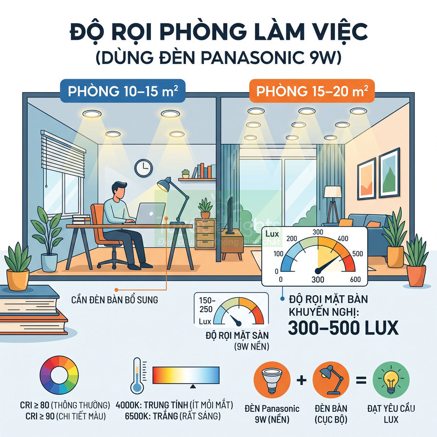 Minh họa phòng làm việc dùng đèn Panasonic 9W với độ rọi khuyến nghị 300 đến 500 lux