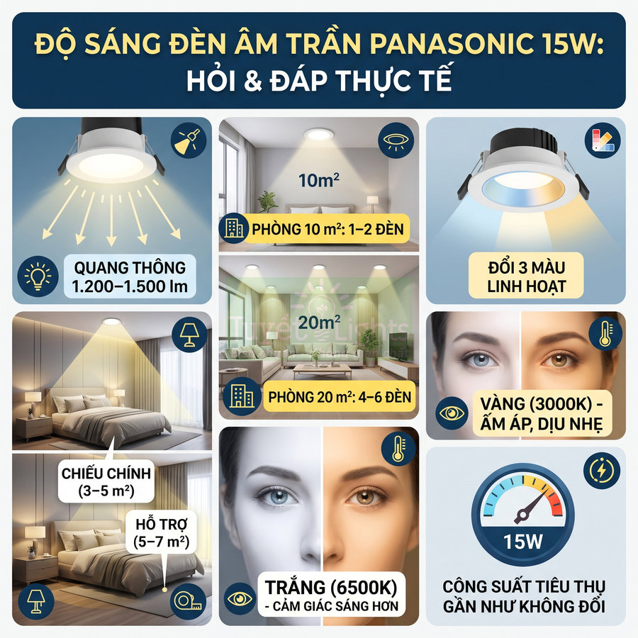 Infographic giới thiệu đèn âm trần Panasonic 15W đổi 3 màu, quang thông 1200–1500 lm cho phòng ngủ và phòng khách