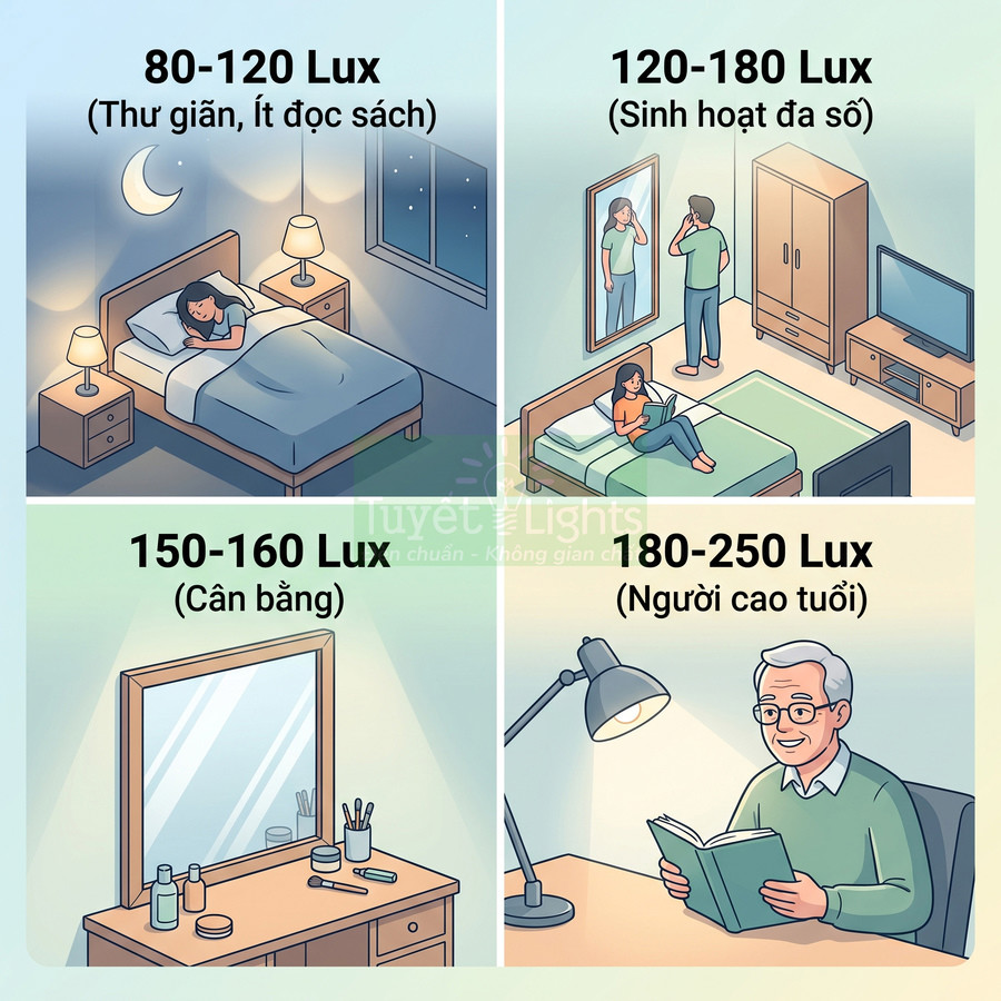 Minh họa các mức độ sáng đèn phòng ngủ và bàn làm việc phù hợp cho thư giãn, sinh hoạt, trang điểm và người cao tuổi