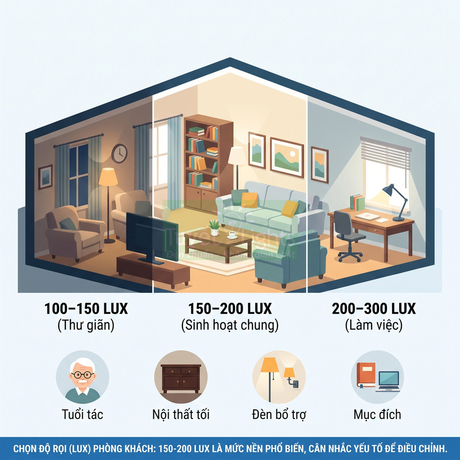 Minh họa phòng khách với các mức độ sáng đèn 100 150 200 300 lux cho thư giãn sinh hoạt và làm việc
